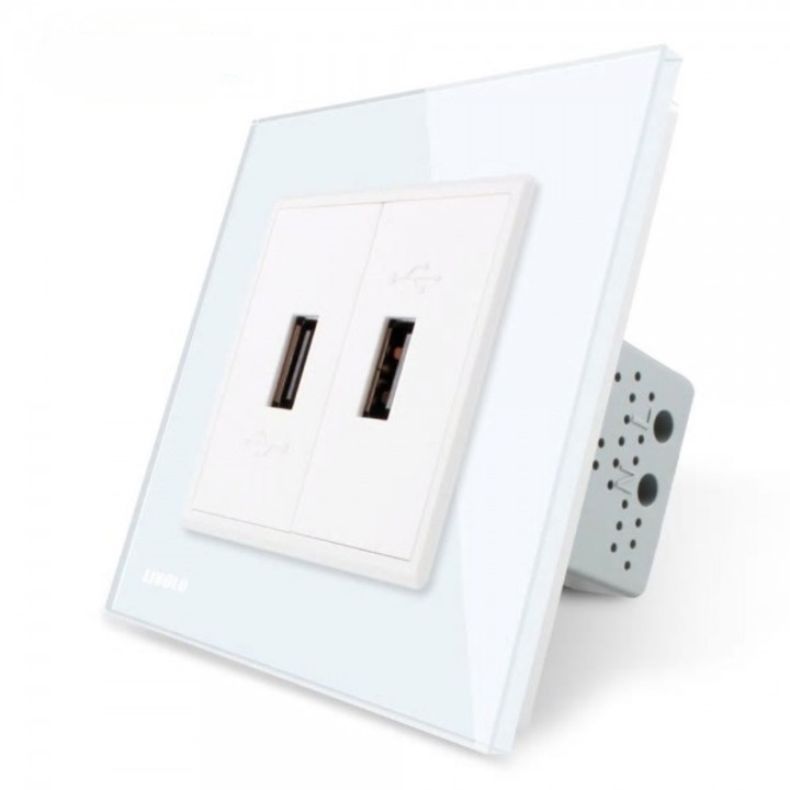 Priza dubla USB Livolo cu rama din sticla alb, VL-C792USB-11