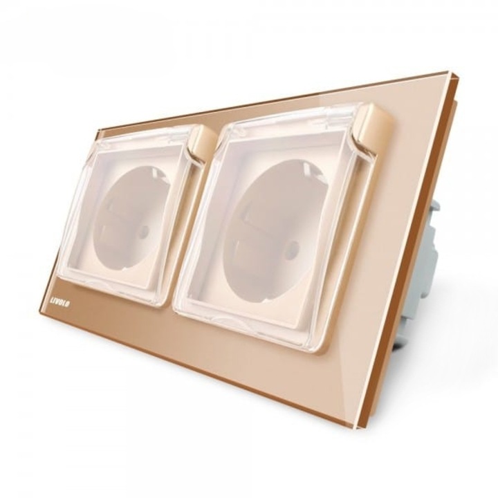 Priza dubla Livolo cu rama din sticla si capac de protectie rezistent la apa auriu, VL-C7C2EUWF-13