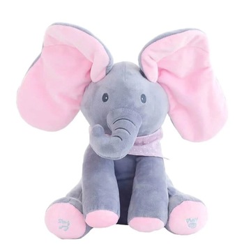 Elefant interactiv Cucu Bau, canta si vorbeste in limba engleza, isi acopera fata cu urechile, 35 cm, gri/roz Elefant interactiv Cucu Bau, canta si vorbeste in limba engleza, isi acopera fata cu urechile, 35 cm, gri/roz