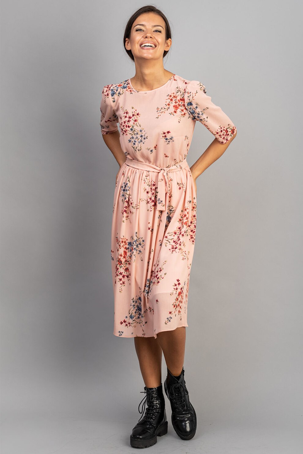 Couture de Marie, Rochie cu model floral si maneci 3/4, Piersica, XL