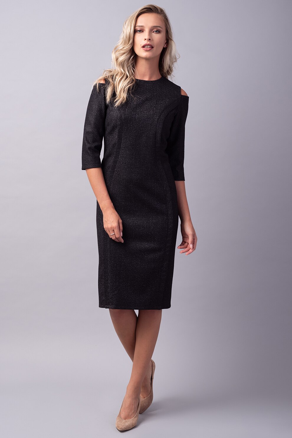 Couture de Marie, Rochie din amestec de lana cu croiala bodycon si decupaje pe umeri, Gri inchis