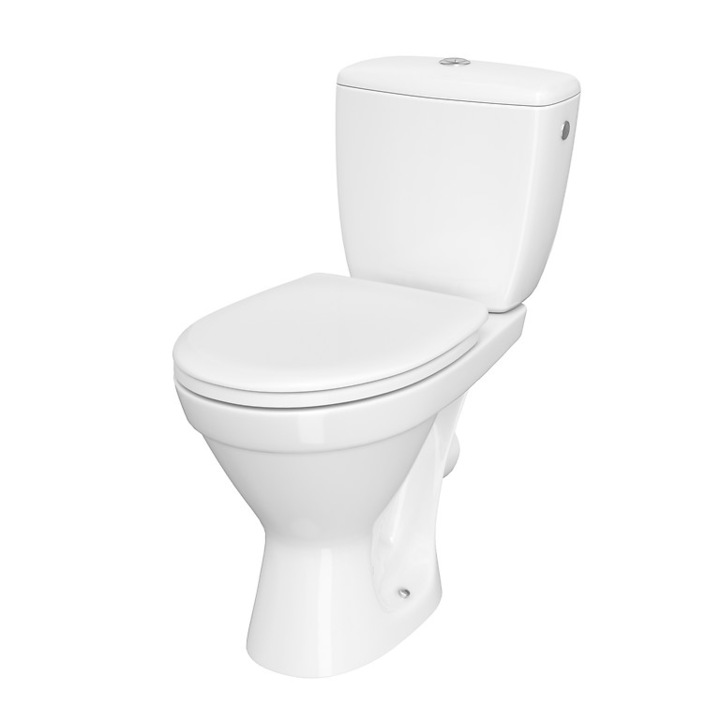 Vas WC compact Cersanit Cersania 695, K11-2337, Simple ON, evacuare orizontala, cu capac, inchidere lenta, rezervor 3/6 l