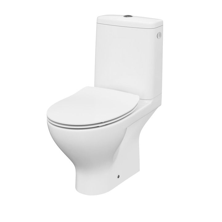 Vas WC compact Cersanit 649, K116-001, Clean ON, evacuare orizontala, cu capac Moduo slim duroplast, inchidere lenta, rezervor 3/5 l