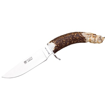 Cutit de vanatoare Jabato Joker model cap mistret, maner curbat sculptat manual din corn de cerb, lama de 14 cm din otel inoxidabil, toc din piele premium maro, atasabil la curea si alte echipamente Cutit de vanatoare Jabato Joker model cap mistret, maner curbat sculptat manual din corn de cerb, lama de 14 cm din otel inoxidabil, toc din piele premium maro, atasabil la curea si alte echipamente