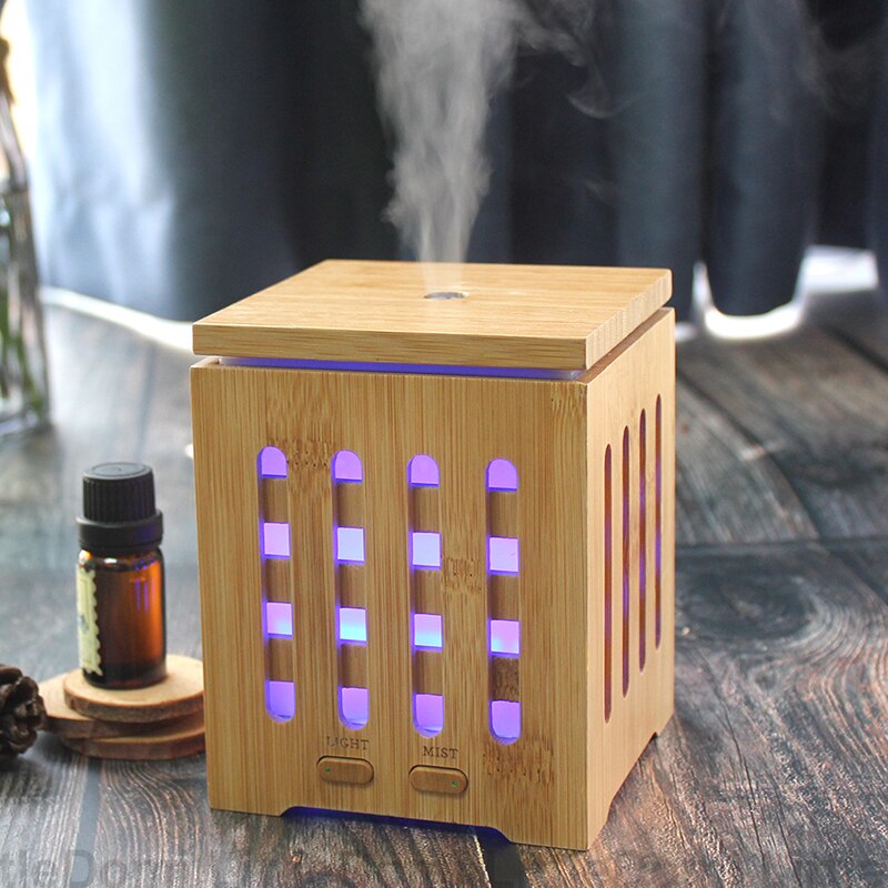 Difuzor uleiuri esentiale aromaterapie din bambus cu ultrasunete,7 Culori LED, Oprire Automata, Forma Moderna Cubica, Rezervor 200ml