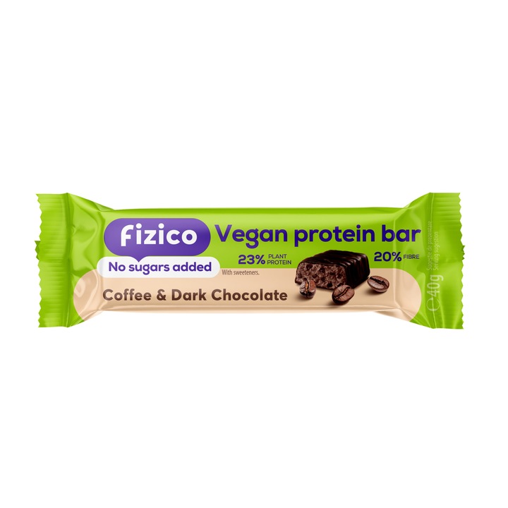 Baton proteic vegan, Fizico Vegan Protein Bar, cafea si ciocolata neagra, fara zaharuri adaugate, 40 g