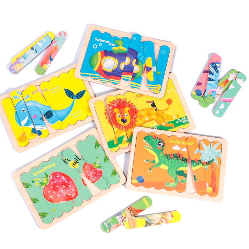 Set 5 Puzzle cu piese betisoare din lemn, Creative Puzzle Stripes, 5 modele - Krista®