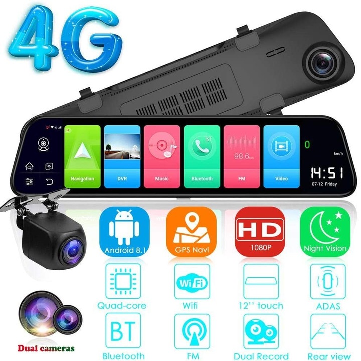 Camera Auto Dubla Tip Oglinda T41S , Android 8.1, 4G si WiFi, 12" IPS Touch Full HD, Hotspot, ADAS, GPS, Car Assist