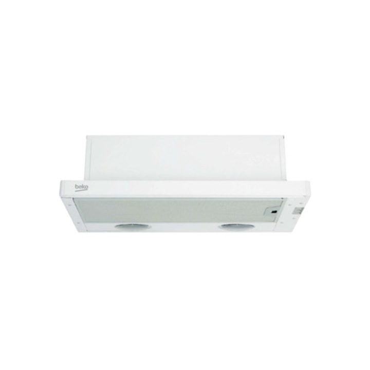 Hota incorporabila telescopica Beko CTB 6407 W, capacitate absorbtie 275 mc/h, 1 motor, 60 cm, Filtru metalic anti-grasime lavabil, Iluminare cu halogen, panou sticla,Alba