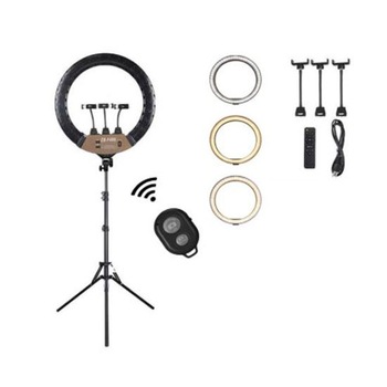 Lampa circulara Ring Light LED Make-UP 56cm/22inch , 3 moduri de lumina , 10 trepte reglaj , 3 suporti telefon , telecomanda selfie , geanta transport , trepied 210cm inclus Lampa circulara Ring Light LED Make-UP 56cm/22inch , 3 moduri de lumina , 10 trepte reglaj , 3 suporti telefon , telecomanda selfie , geanta transport , trepied 210cm inclus