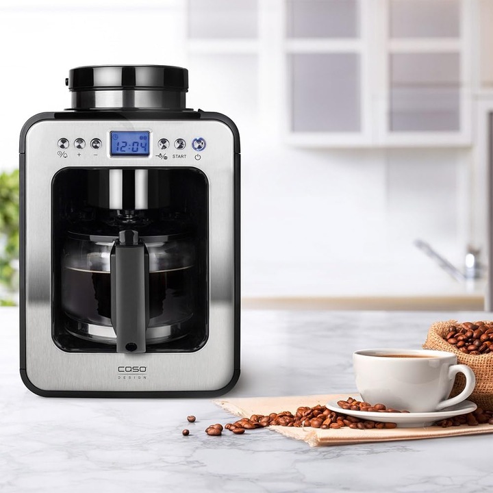 Cafetiera 2 in 1 Caso Design, Coffee Compact Electronic, rasnita cafea incorporata, compacta, setare grad macinare, functie keep warm, oprire automata, timer, afisaj LCD, negru/argintiu