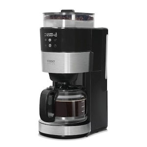 Cafetiera programabila 2 in 1 Caso Germany, Grande Aroma 100, rasnita cafea incorporata, setare grad macinare, rezervor de apa detasabil 1.4 l, oprire automata, timer, control touch, putere 1000 W, negru/argintiu