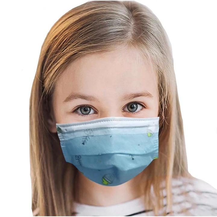 Set 50 de masti de protectie pentru copii, albastru cu model pestisori , 3 straturi, 3 pliuri, OEM