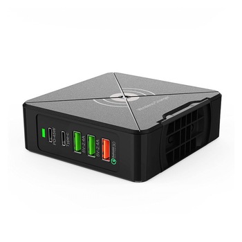 Statie de incarcare smart Qi wireless Fast charge, PD 45W, 1 x Type-C, 2 x USB 2.4A, 1 x USB 3.0 Quick Charge, negru Statie de incarcare smart Qi wireless Fast charge, PD 45W, 1 x Type-C, 2 x USB 2.4A, 1 x USB 3.0 Quick Charge, negru