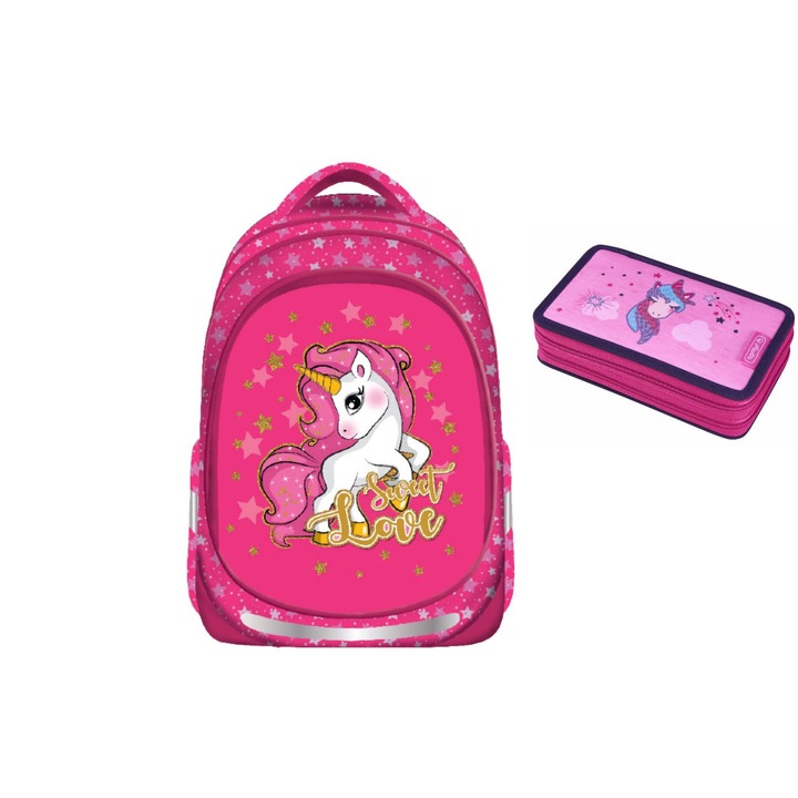 Set scoala Unicorn - Ghiozdan scolar + Penar echipat 2 fermoare Herlitz