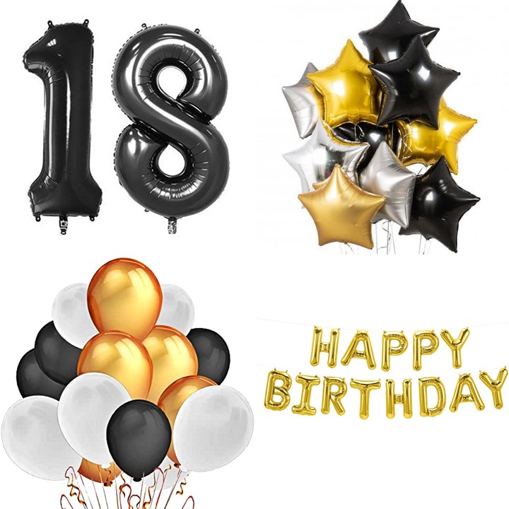 Set 35 baloane majorat, 18 ani, cifre, Glam Your Party, Negru, Auriu, 1 metru