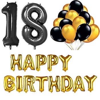 Set 30 baloane majorat, 18 ani, cifre, Glam Your Party, Negru, Auriu, 80 cm Set 30 baloane majorat, 18 ani, cifre, Glam Your Party, Negru, Auriu, 80 cm