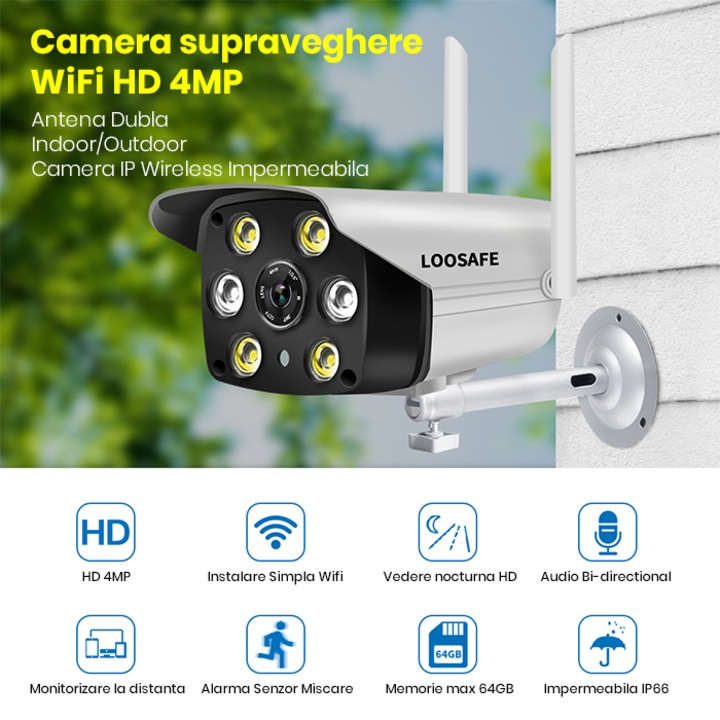 Vezeték nélküli / Wifi IP megfigyelő kamera LS-C6-XM 4 MP, kültéri, éjszakai látás színes, Full HD 1920*1080, kamera 4,0 MP, mikrofon, színes éjszakai látás, vízálló, kétirányú kommunikáció, mozgásérzékelő FEHÉR