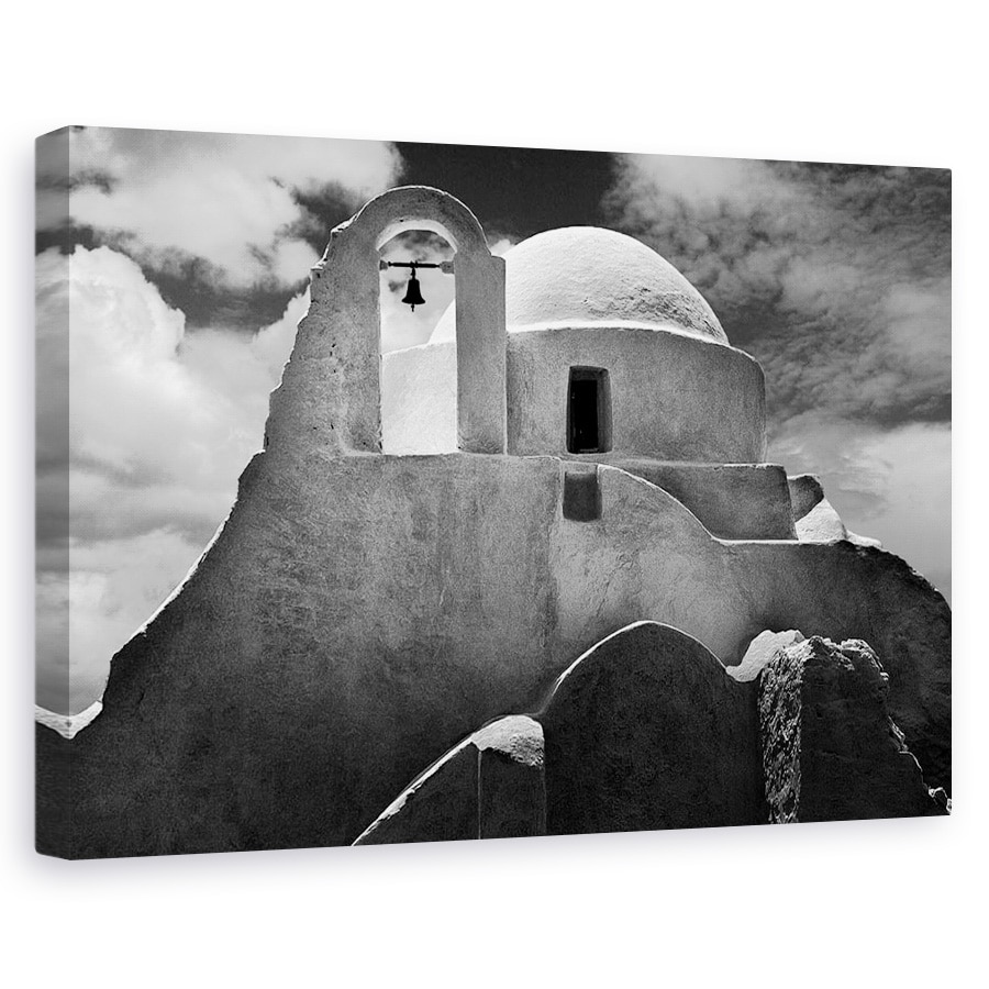Tablou canvas - Biserica Mykonos, Clopotel, Biserica, Grecia, Alb-Negru, 60 x 90 cm