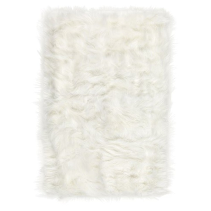 Covor pufos decorativ pentru living, model imitatie blana artificiala, moale, calduros si confortabil, 90 x 60 cm, alb murdar