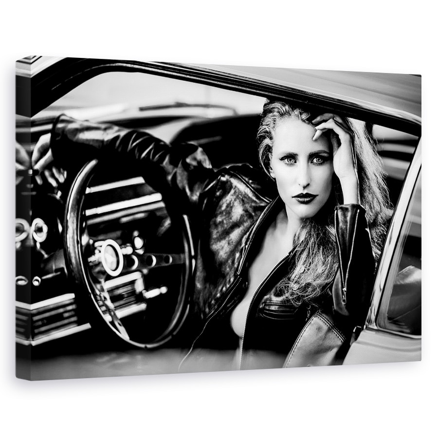 Tablou canvas - Asteptand Sa Raman Singur, Vintage, Portret, Alb-Negru, Masina, Clasic, 40 x 60 cm