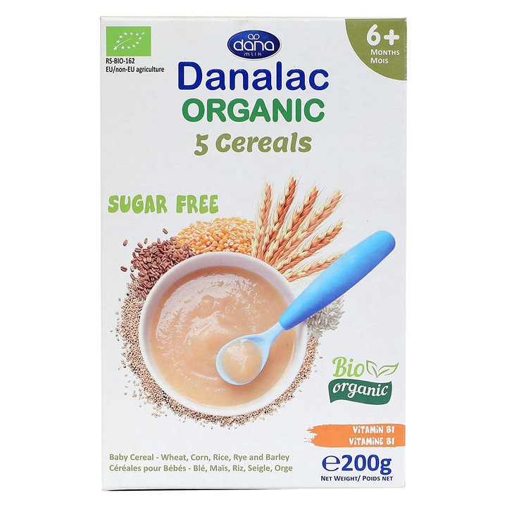 Cereale organice cu 5 tipuri de cereale, Danalac, fara zahar, de la 6 luni, 200 g