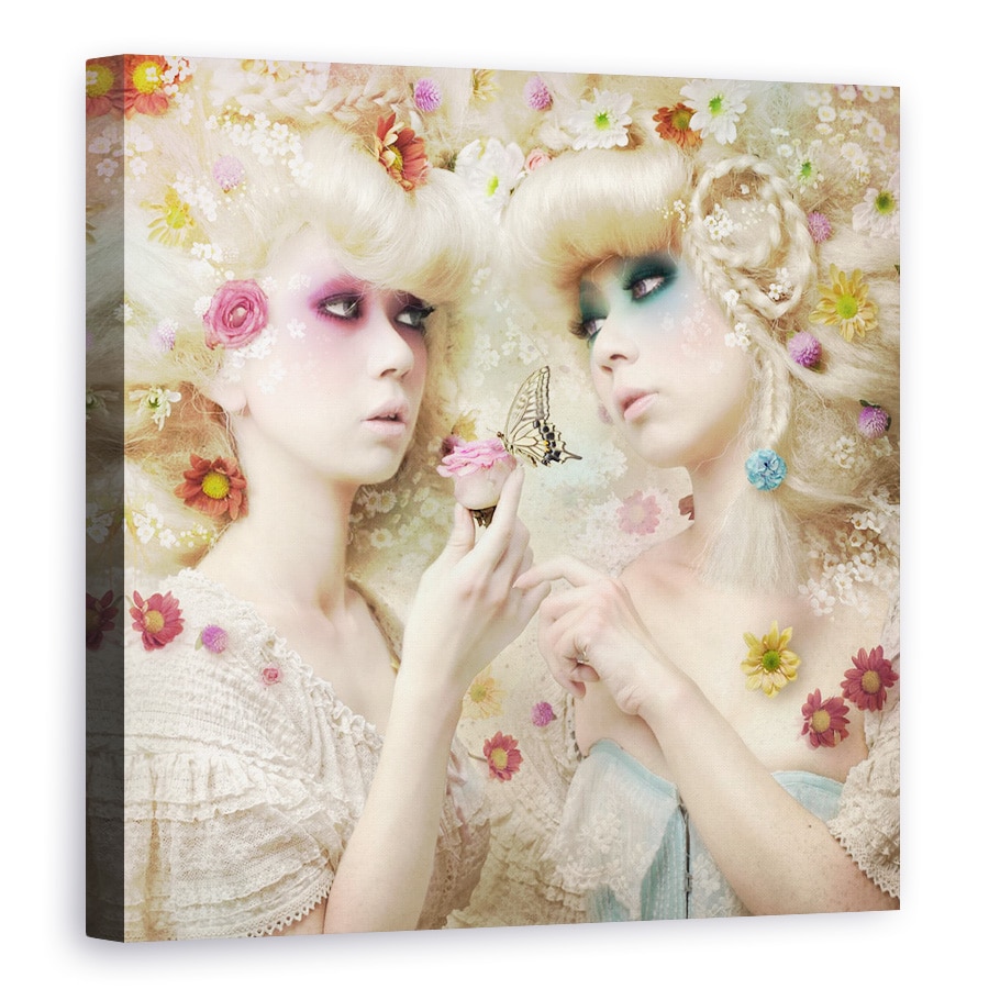 Tablou canvas - Fata Din Gradina Cu Flori, Trandafir, Blonda, Fluture, Primavara, 60 x 60 cm