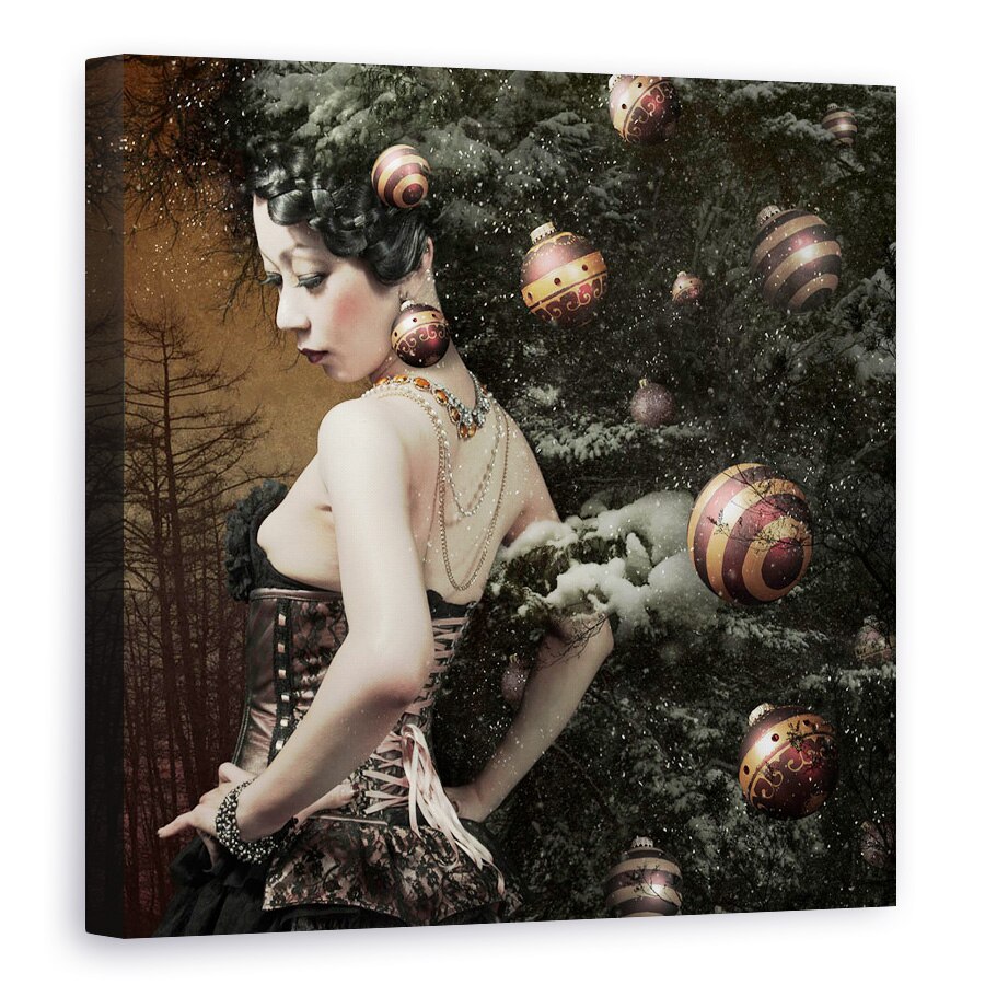 Tablou canvas - Doamna Din Decembrie, Rochie, Colier, Zapada, Padure, 40 x 40 cm