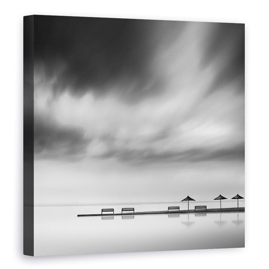 Tablou canvas - Patru Banci Si Trei Umbrele, Peisaj Marin, Plaja, Grafic, 40 x 40 cm