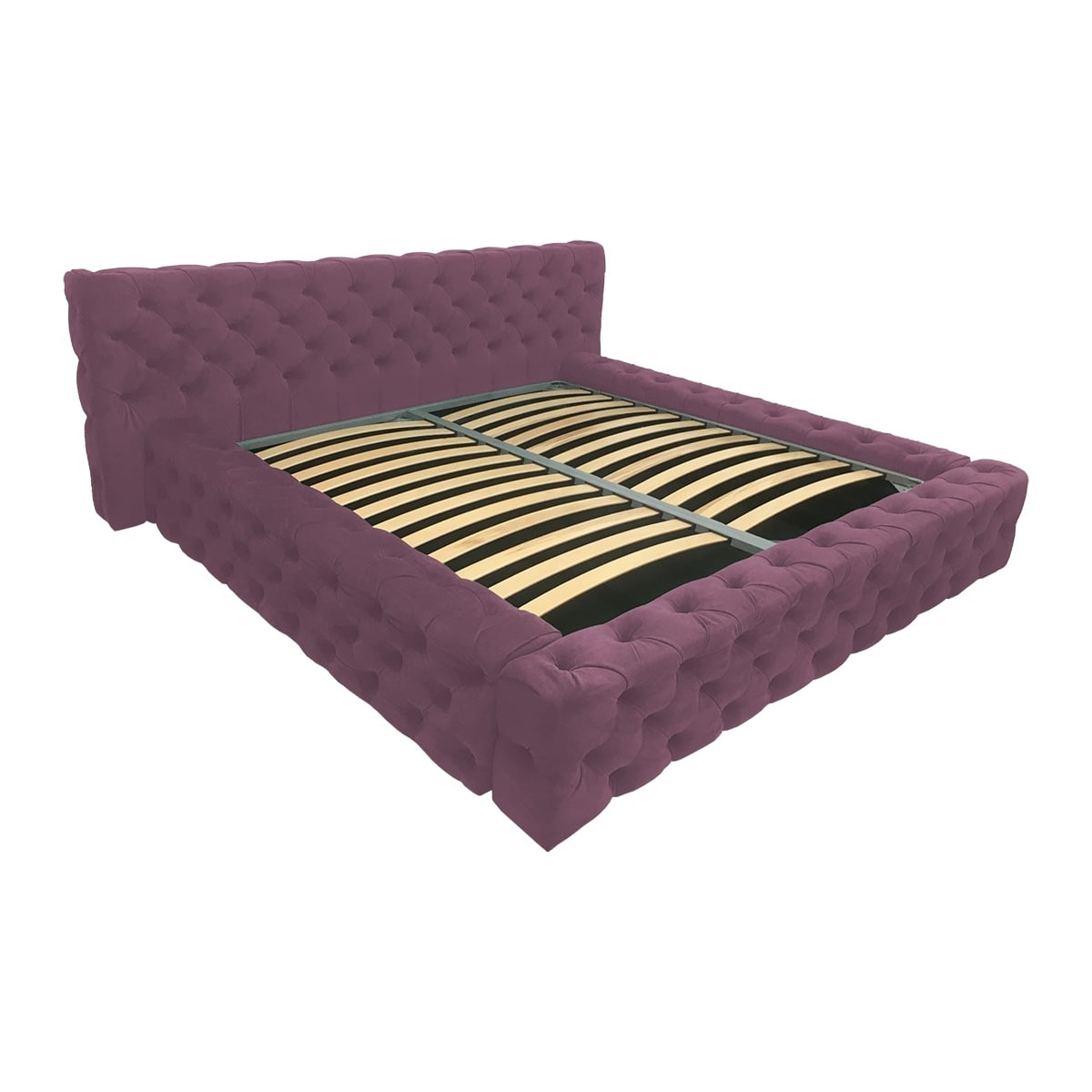 Pat tapitat Gold Mov deschis, MobAmbient, cu tablie Chesterfield din catifea, somiera metalica rabatabila, lada de depozitare, pentru saltea 160 x 200 cm