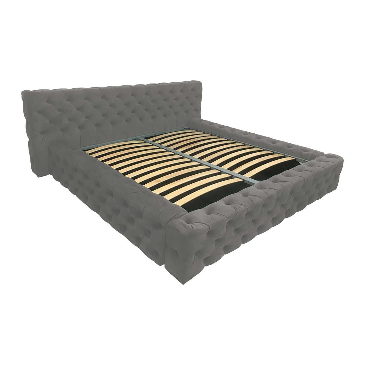 Pat tapitat Gold Gri deschis, MobAmbient, cu tablie Chesterfield din catifea, somiera metalica rabatabila, lada de depozitare, pentru saltea 160 x 200 cm