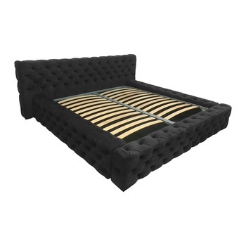 Pat tapitat Gold Negru, MobAmbient, cu tablie Chesterfield din catifea, somiera metalica rabatabila, lada de depozitare, pentru saltea 160 x 200 cm Pat tapitat Gold Negru, MobAmbient, cu tablie Chesterfield din catifea, somiera metalica rabatabila, lada de depozitare, pentru saltea 160 x 200 cm