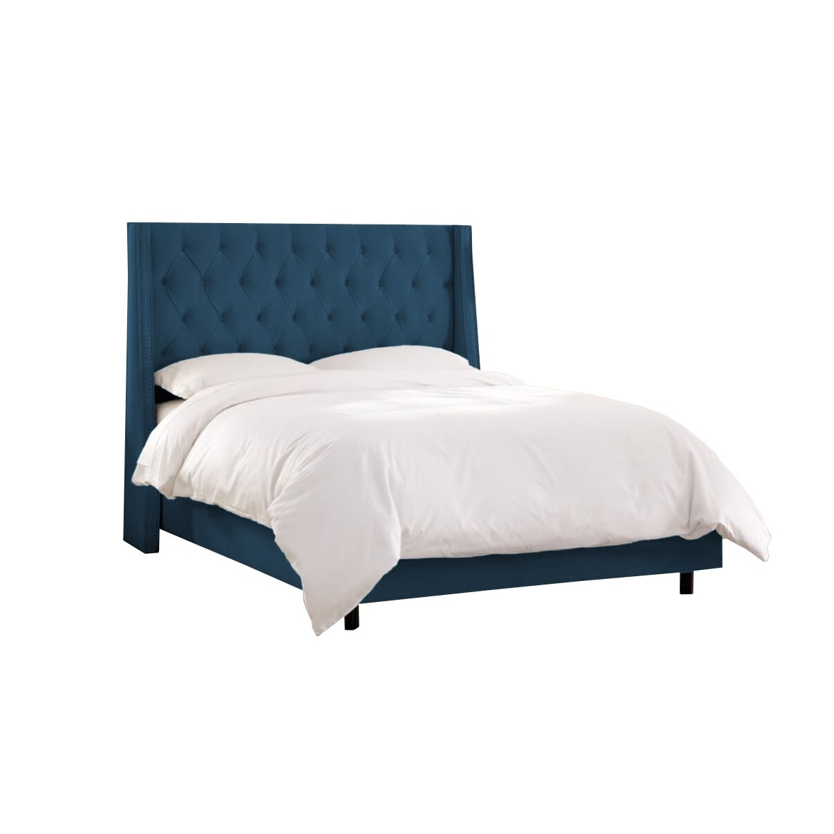 Pat tapitat Minty Albastru, MobAmbient, cu tablie Chesterfield din catifea, somiera metalica rabatabila, lada de depozitare, pentru saltea 160 x 200 cm