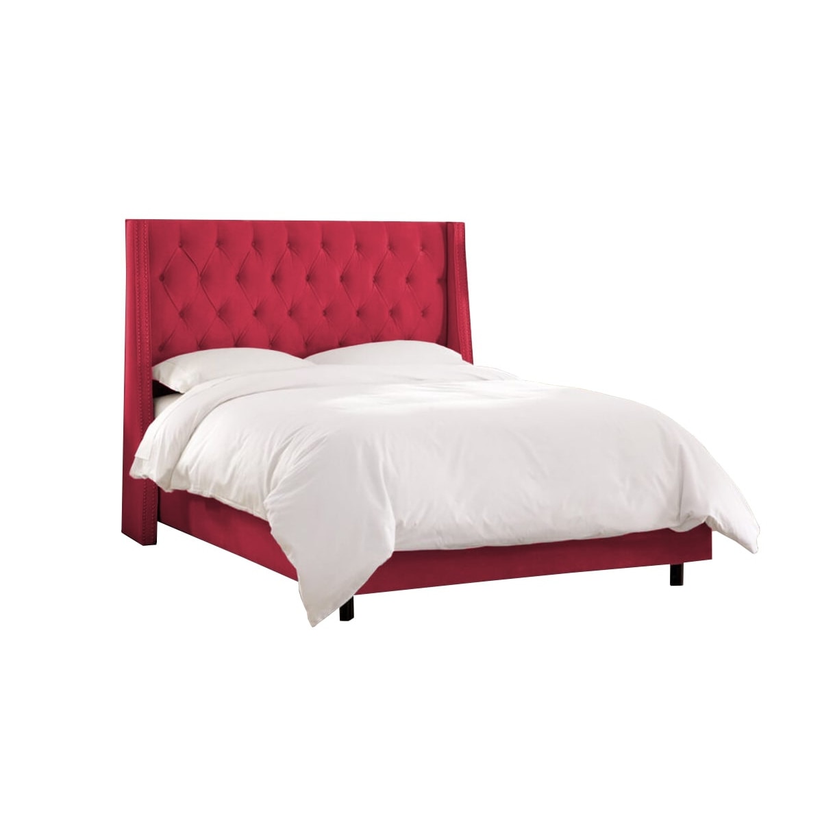 Pat tapitat Minty Rosu, MobAmbient, cu tablie Chesterfield din catifea, somiera metalica rabatabila, lada de depozitare, pentru saltea 160 x 200 cm
