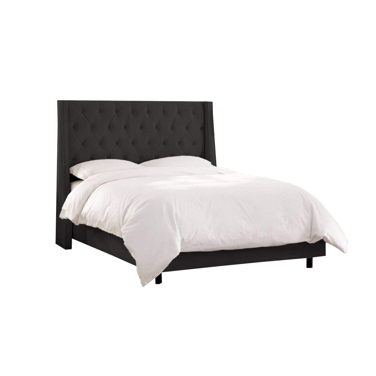 Pat tapitat Minty Negru, MobAmbient, cu tablie Chesterfield din catifea, somiera metalica rabatabila, lada de depozitare, pentru saltea 160 x 200 cm