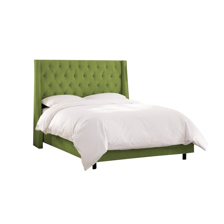 Pat tapitat Minty Verde deschis, MobAmbient, cu tablie Chesterfield din catifea, somiera metalica rabatabila, lada de depozitare, pentru saltea 160 x 200 cm