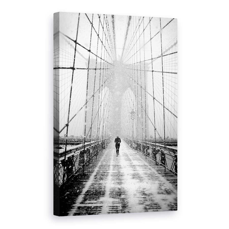 Tablou canvas - Plimbare In Viscol Pe Podul Brooklyn, Arhitectura, Strada, Alb-Negru, 20 x 30 cm