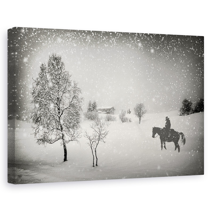Tablou canvas - Asteptarea, Cal, Cowboy, Zapada, Iarna, Munti, 40 x 60 cm