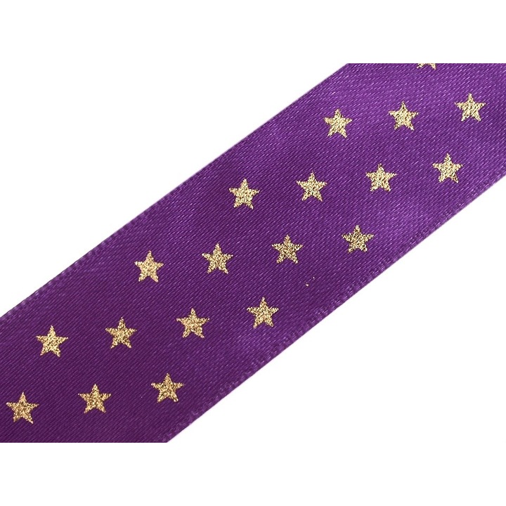 Сатенена панделка, мотив звезда, ширина 25 мм, дължина 1 м, тъмно лилаво