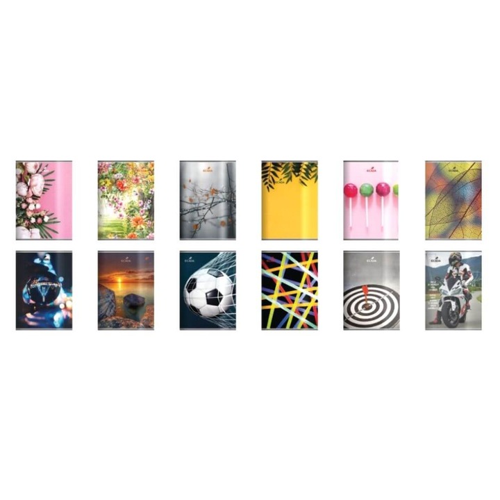 12 darabos Ecada A5-ös jegyzetfüzet készlet, 48 lapos, polikróm borító, különböző minták, 60 g/m2