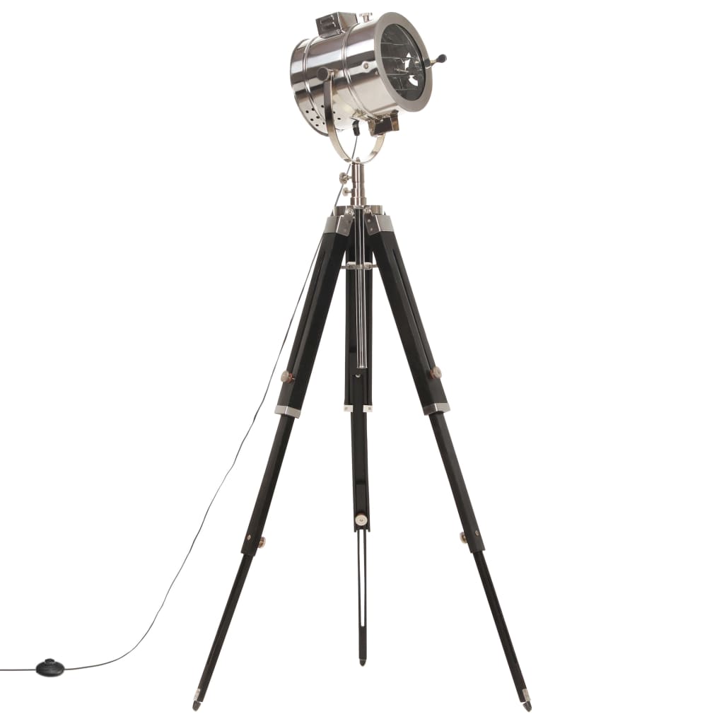 Lampa de podea tip trepied, vidaXL, Otel/Lemn masiv de mango, 140 cm, 220-240 V~, 50/60 Hz, Negru