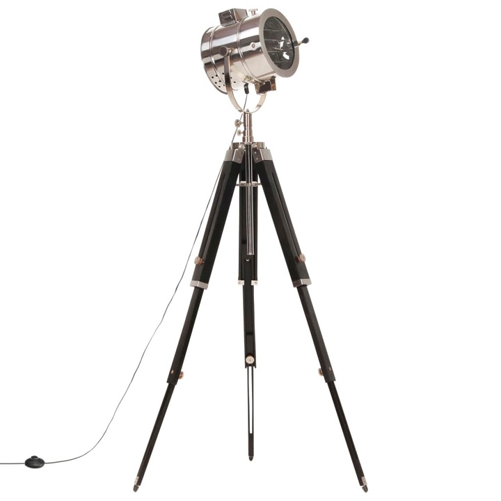 Lampa de podea tip trepied, vidaXL, Otel/Lemn masiv de mango, 140 cm, 220-240 V~, 50/60 Hz, Negru