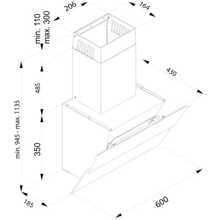 Декоративен аспиратор Tornado Blaze Touch Free 1100 (60) LED, 1 турбо мотор, ширина 60 см, 4 скорости, абсорбция 1100 м3/час, 5-слоен алуминиев филтър против мазнини, Черен/Стъкло