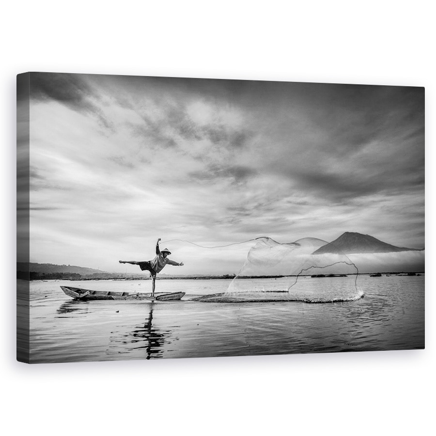 Tablou canvas - Om In Spatele Plaselor, Pescar, Actiune, Alb-Negru, Lac, 50 x 80 cm
