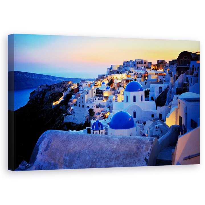 Santorini-sziget, Görögország, kék, falu - Vászonkép, 50 x 80 cm