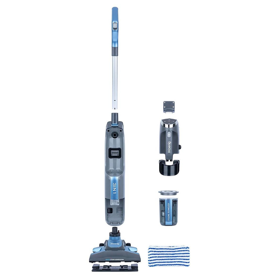 Mop cu abur H.Koenig, ARYA600, 3in1, cu functie de aspirare si curatare cu aburi, rezervor de apa detasabil, presiune 4 bar, incalzire rapida 30 secunde, capacitate rezervor praf 1 L, putere 1800 W, albastru