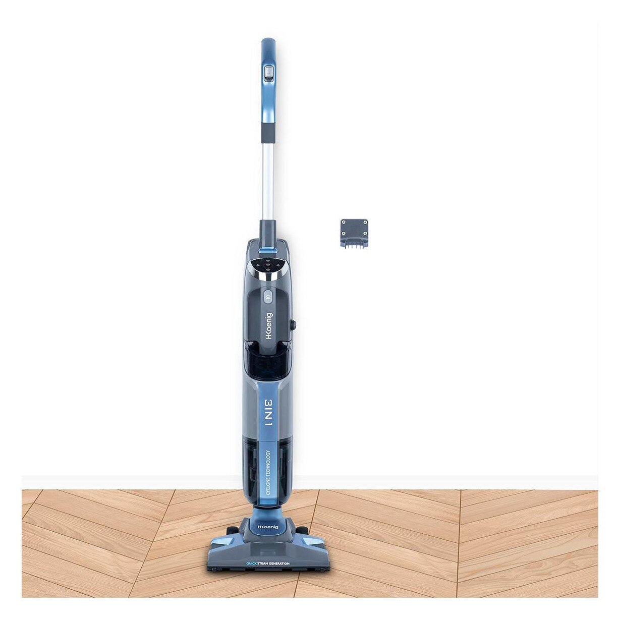 Mop cu abur H.Koenig, ARYA600, 3in1, cu functie de aspirare si curatare cu aburi, rezervor de apa detasabil, presiune 4 bar, incalzire rapida 30 secunde, capacitate rezervor praf 1 L, putere 1800 W, albastru