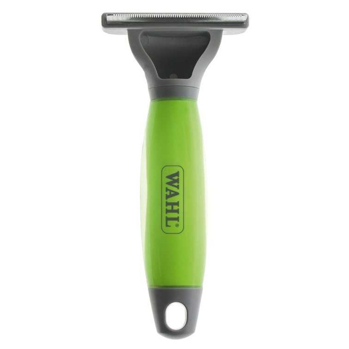 Fésű, Furminator 2999-7195, Wahl, 15, 5 x 7 x 5 cm, ergonomikus gumírozott fogantyú, pengevédővel, fém fogak, rövid szőrű állatoknak, Zöld/Szürke