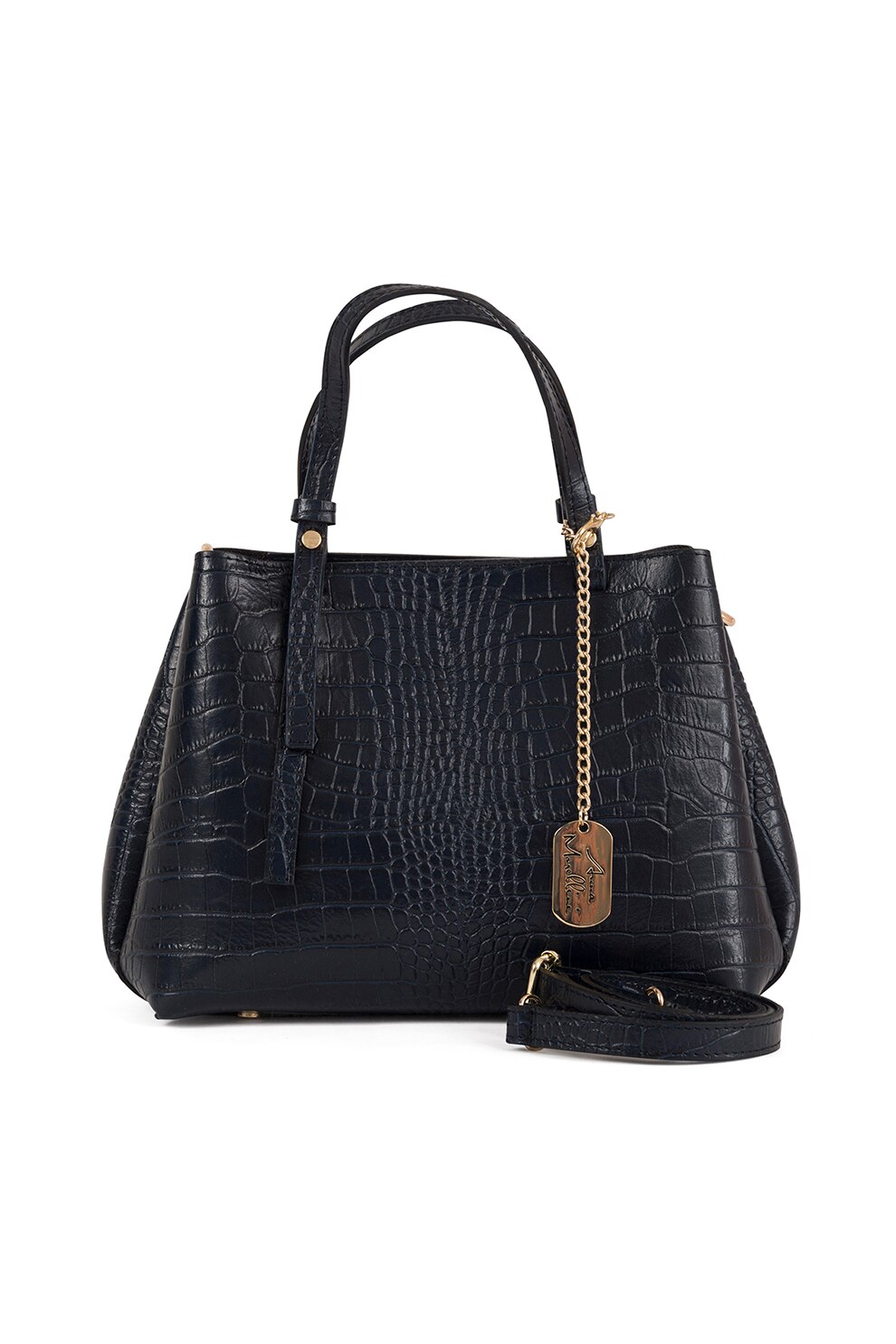 Anna Morellini, Geanta de piele cu bareta de umar si model piele de reptila Isabella, Bleumarin inchis