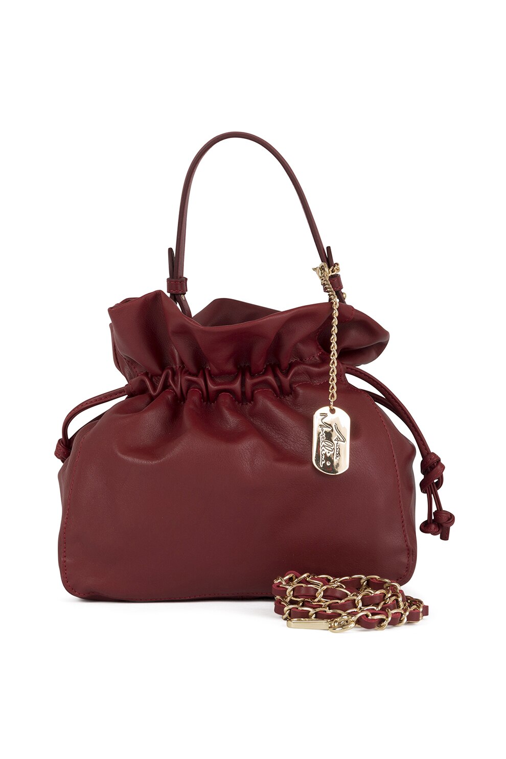 Anna Morellini, Geanta bucket de piele cu bareta detasabila din lant Amalia, Rosu inchis